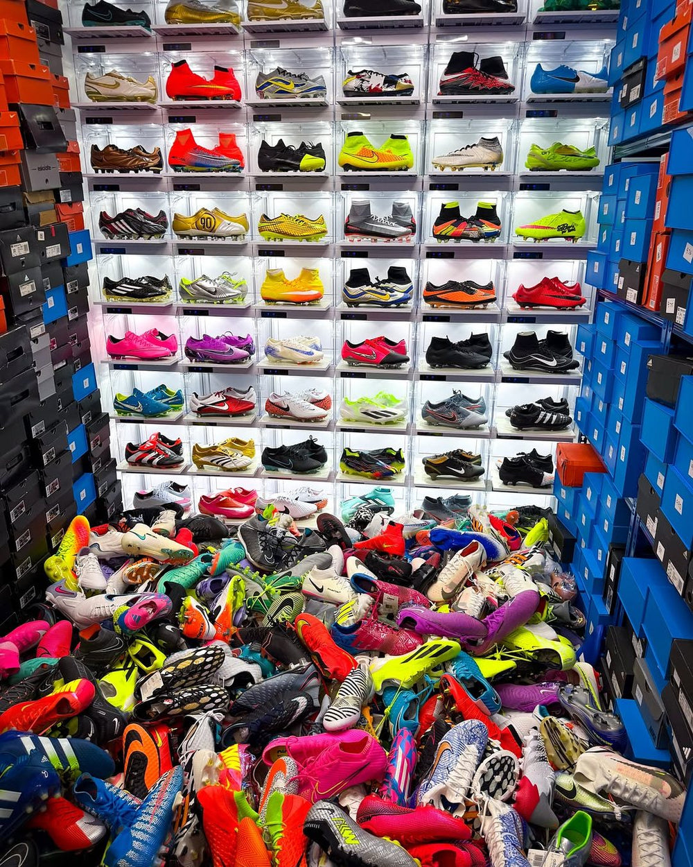The Boots Plug Boot Room: a wall of rare football boots above a pile of hundreds more