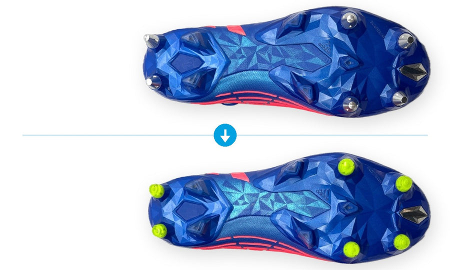 A mesma sola adidas com pitões de metal e depois com pitões de plástico amarelos